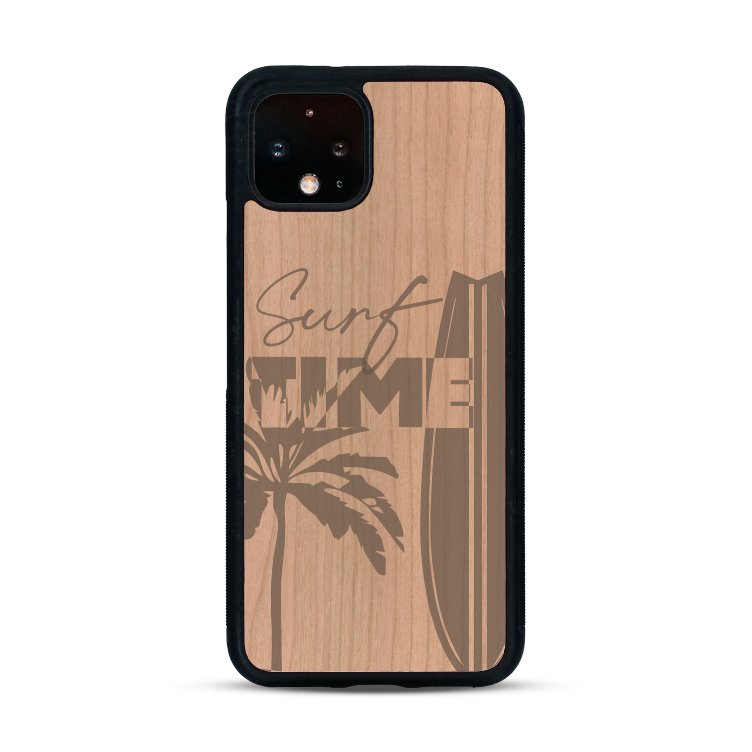 Coque de protection en bois véritable fabriquée en France pour  sur le thème chill avec un motif représentant une silouhette tenant une planche de surf sur une plage entouré de palmiers et les mots "Surf Time Long Beach Miami"