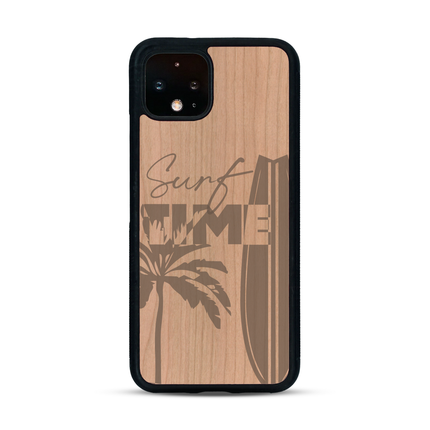 Coque de protection en bois véritable fabriquée en France pour  sur le thème chill avec un motif représentant une silouhette tenant une planche de surf sur une plage entouré de palmiers et les mots "Surf Time Long Beach Miami"
