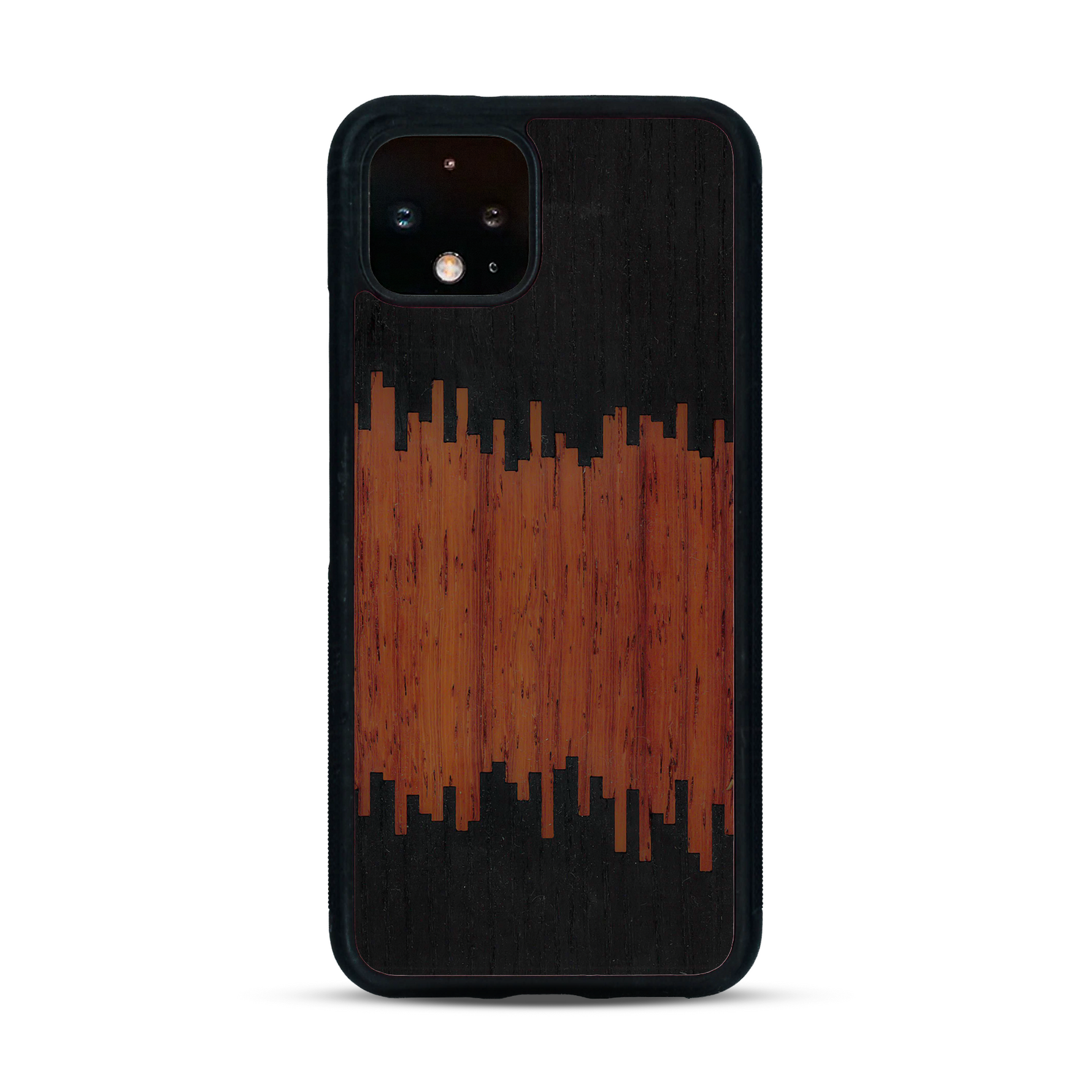 Coque de protection en bois véritable fabriquée en France pour  alliant plusieurs essences de bois pour représenter du magma en fusion