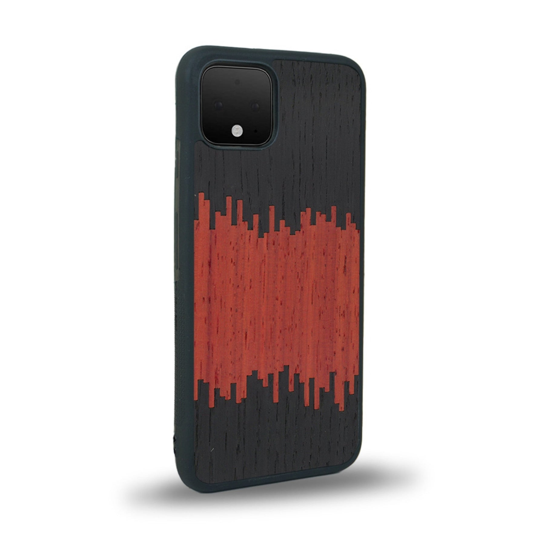 Coque de protection en bois véritable fabriquée en France pour Google Pixel 4 alliant plusieurs essences de bois pour représenter du magma en fusion