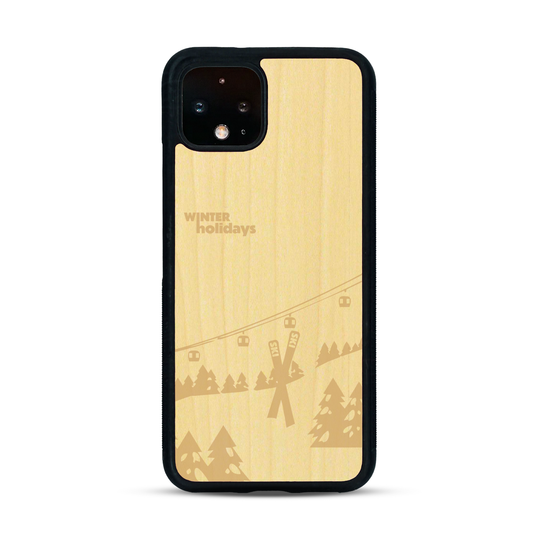 Coque de protection en bois véritable fabriquée en France pour  sur le thème de la montagne, du ski et de la neige avec un motif représentant une paire de ski plantée dans la neige avec en fond des montagnes enneigées