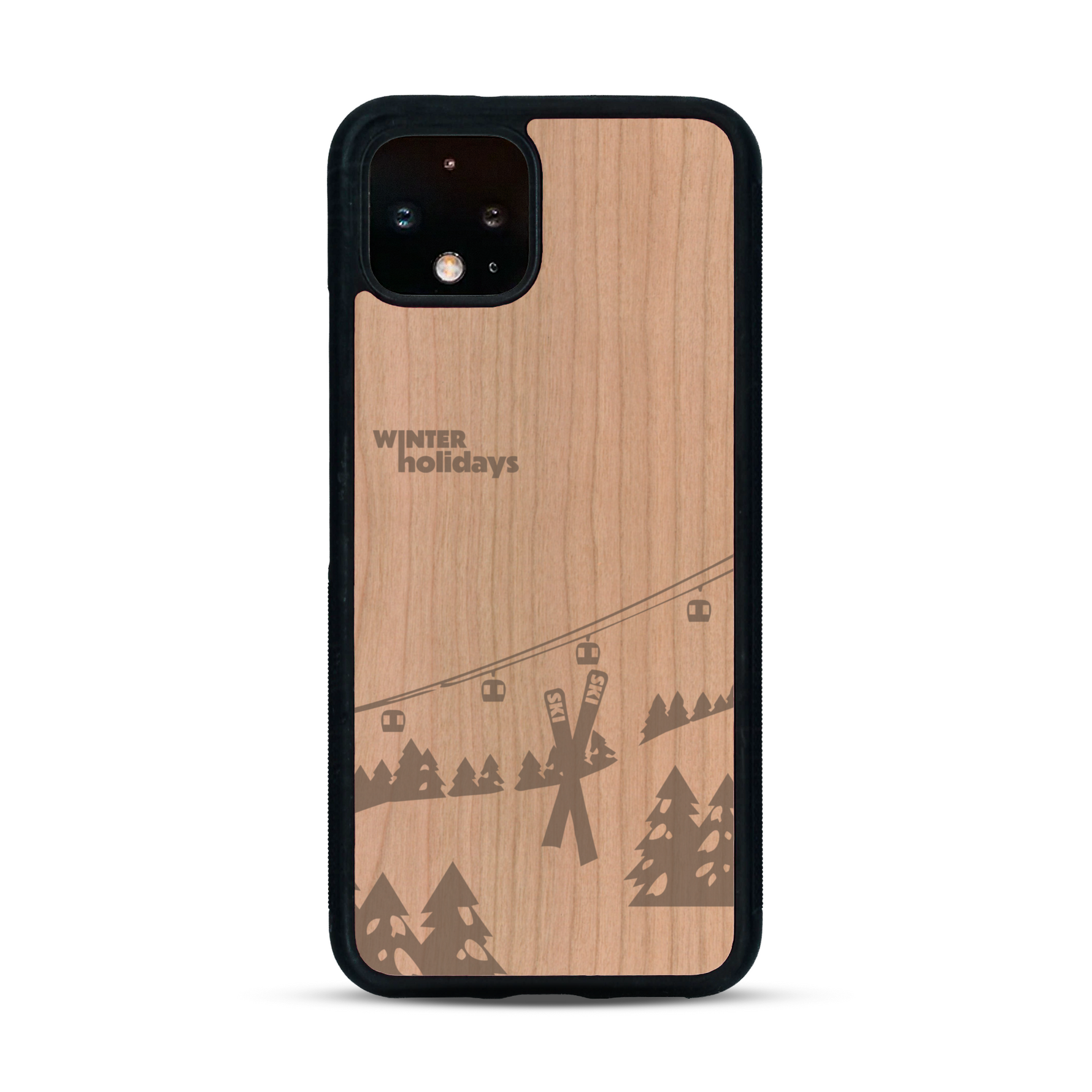 Coque de protection en bois véritable fabriquée en France pour  sur le thème de la montagne, du ski et de la neige avec un motif représentant une paire de ski plantée dans la neige avec en fond des montagnes enneigées
