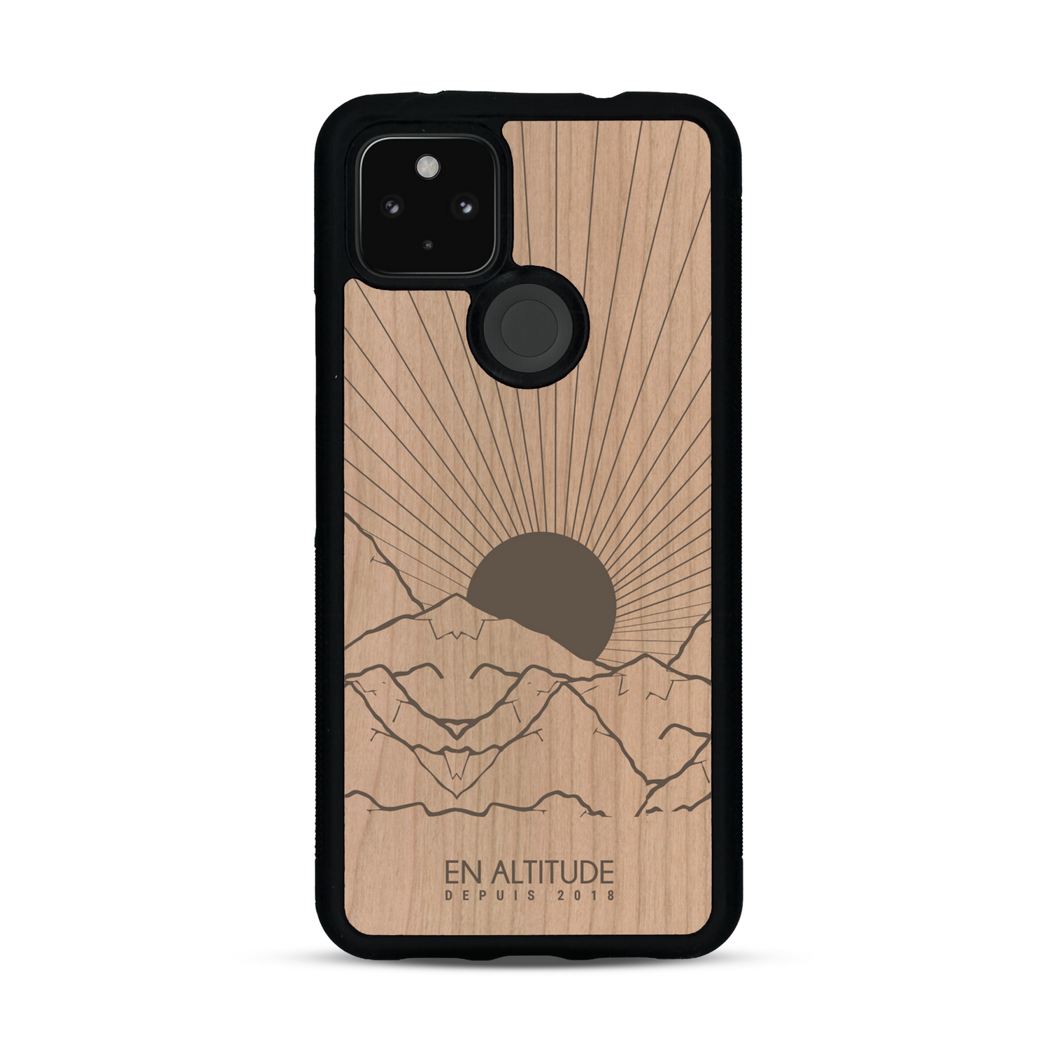 Coque de protection en bois véritable fabriquée en France pour  représentant des montagnes, sur le thème de la randonnée en pleine nature et du trail
