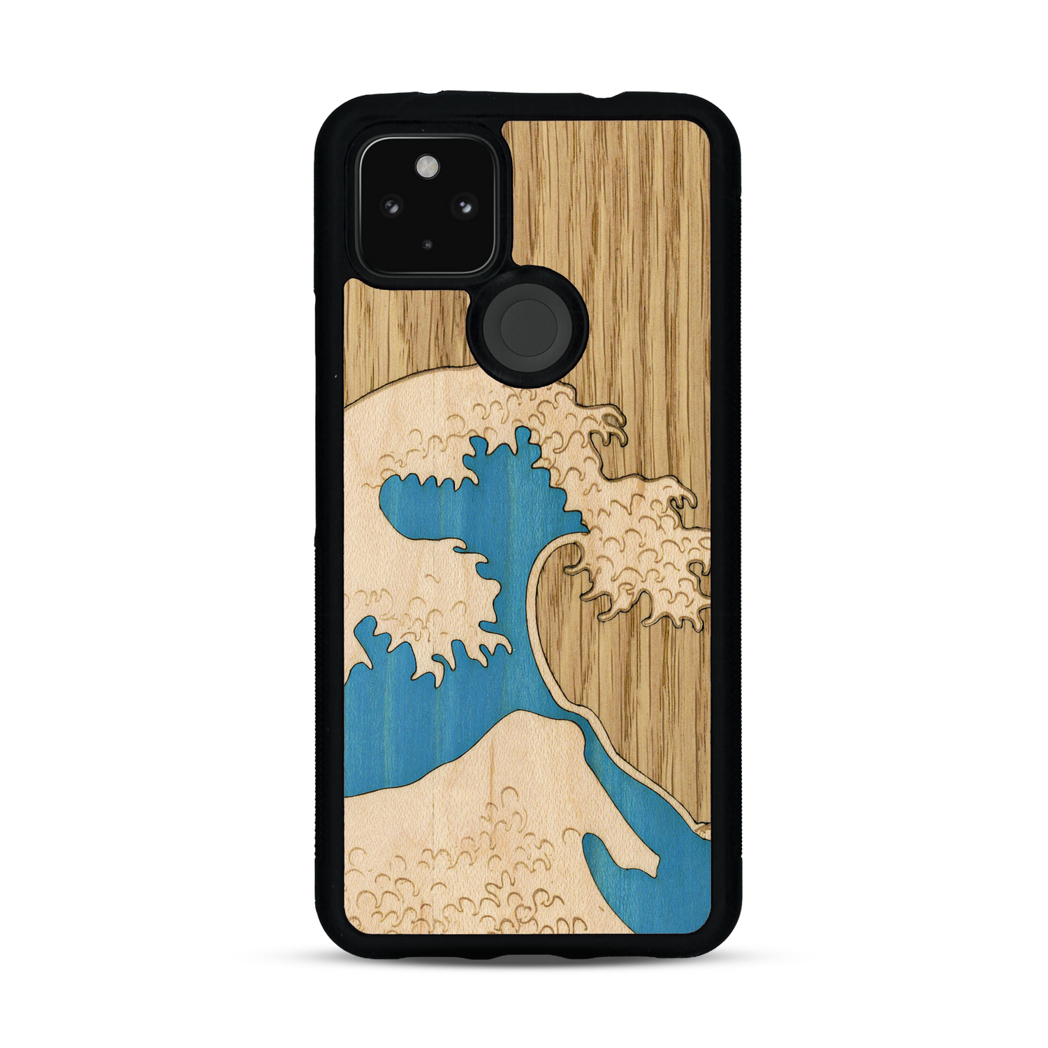Coque de protection en bois véritable fabriquée en France pour  alliant plusieurs essences de bois pour représenter la célèbre grande vague de Kanagawa