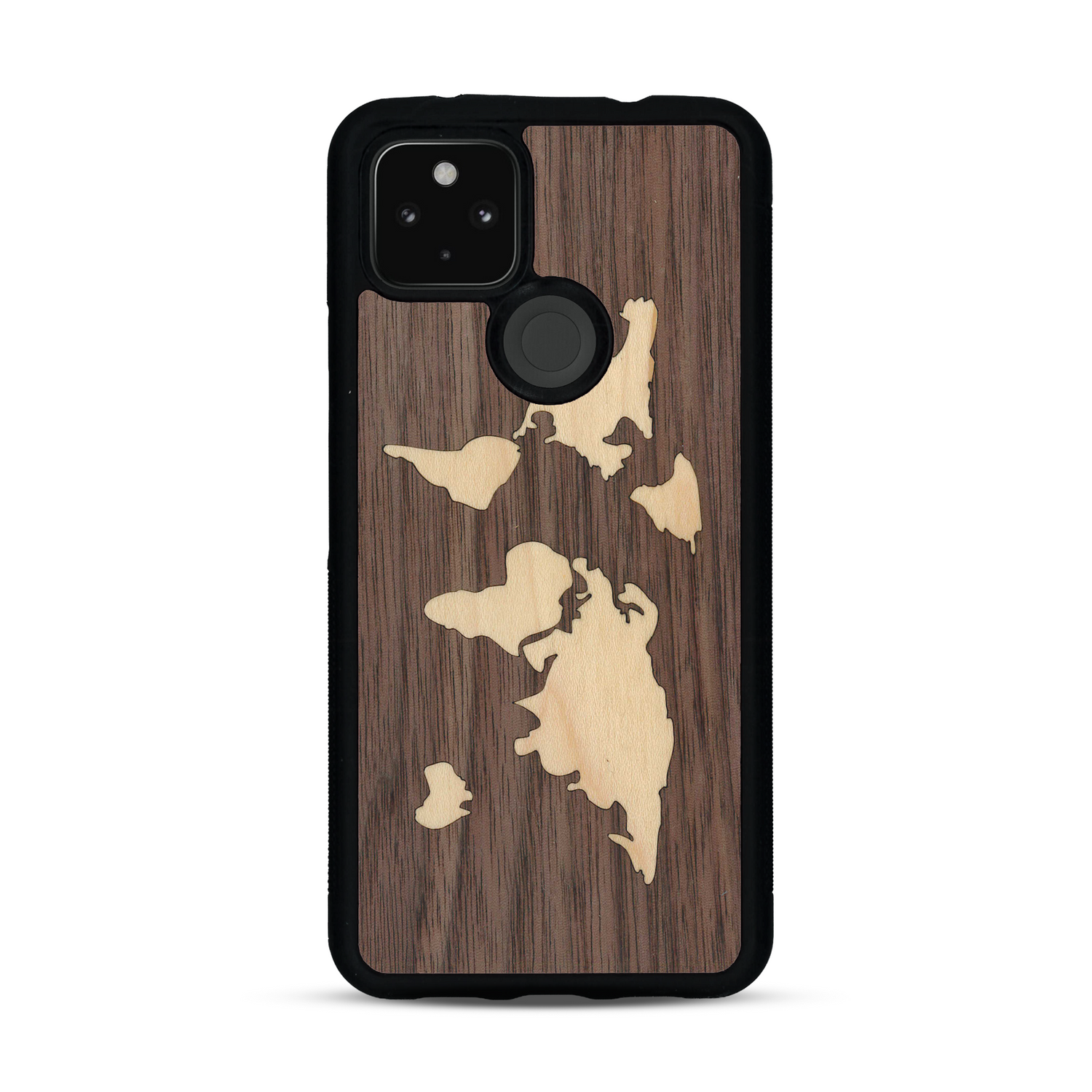 Coque de protection en bois véritable fabriquée en France pour  alliant du bambou et du noyer sur le thème du voyage et de l'aventure représentant une mappemonde