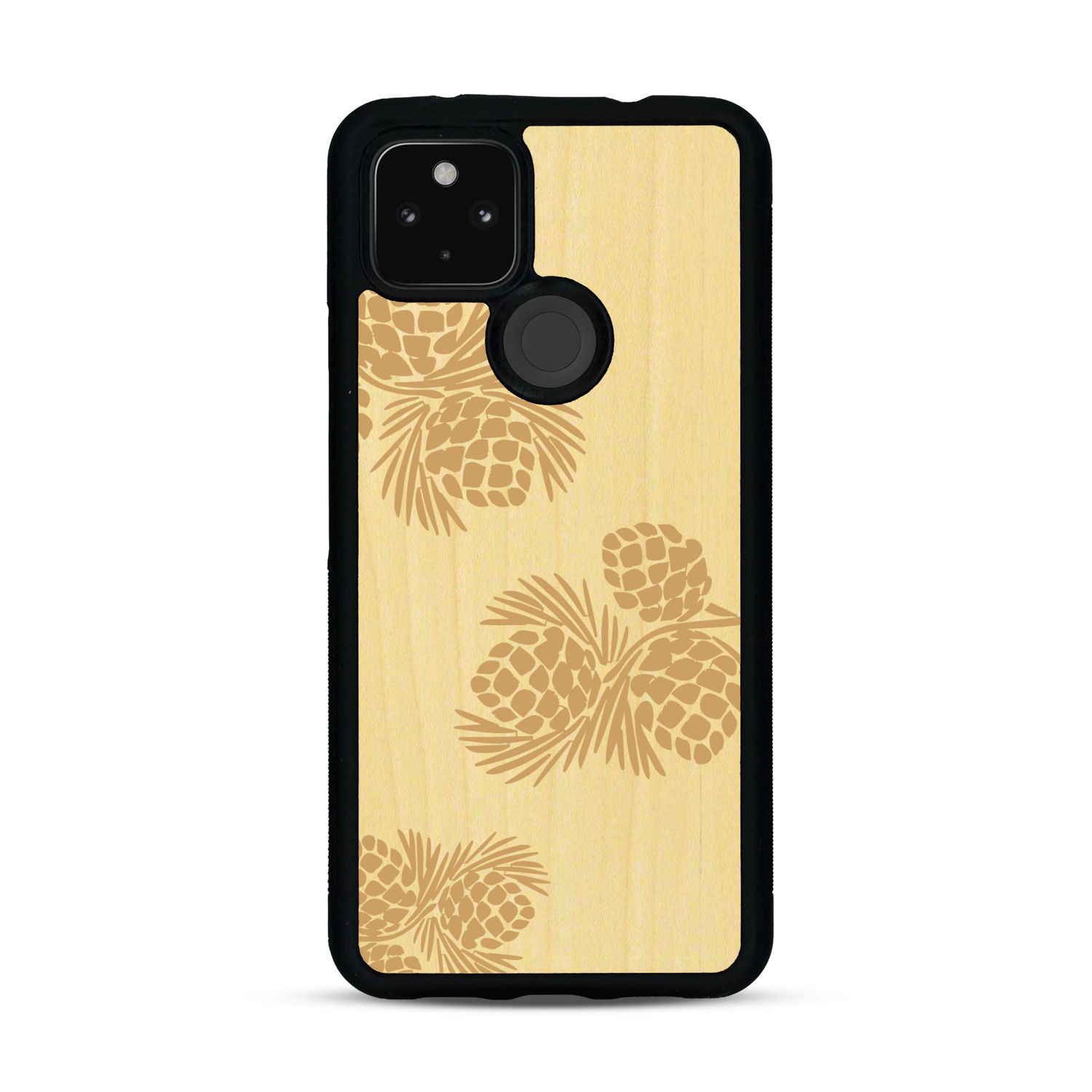 Coque de protection en bois véritable fabriquée en France pour  sur le thème de la nature des arbres avec un motif de gravure représentant des épines de sapin et des pommes de pin