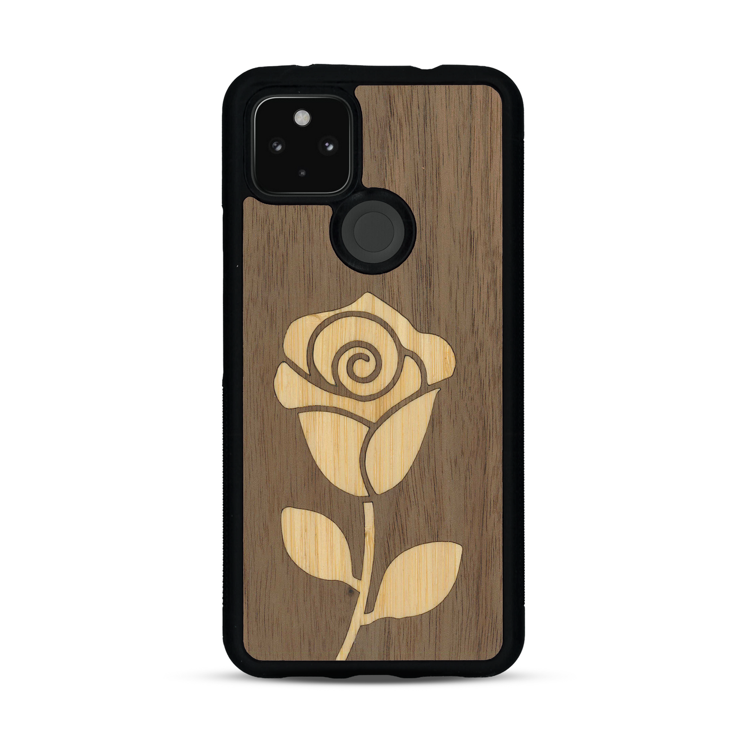 Coque de protection en bois véritable fabriquée en France pour  alliant plusieurs essences de bois pour représenter une rose