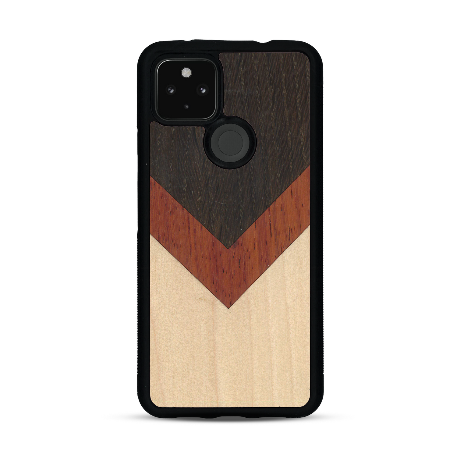 Coque de protection en bois véritable fabriquée en France pour  alliant du chêne fumé, du padouk et du bambou en forme de chevron sur le thème de l'art abstrait