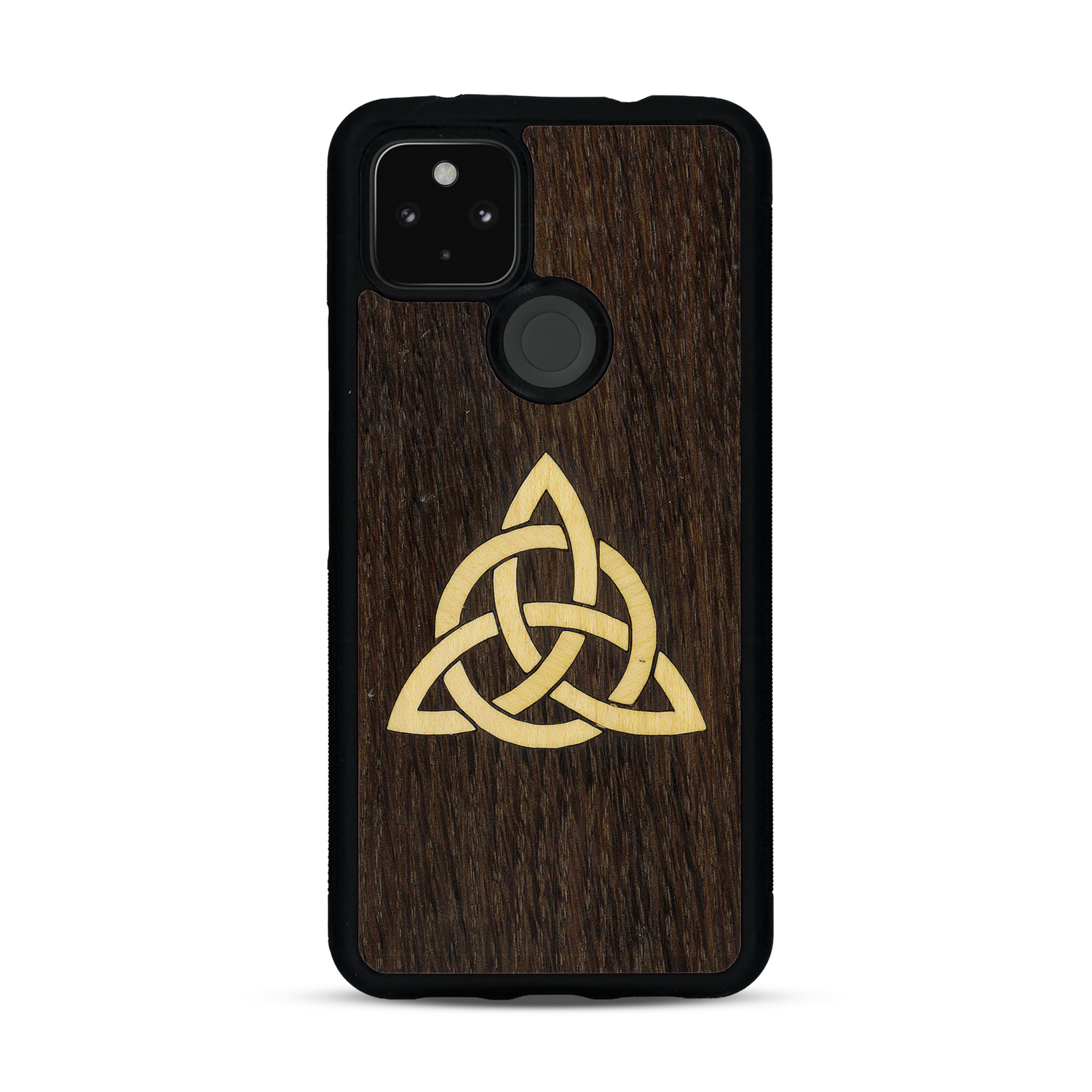 Coque de protection en bois véritable fabriquée en France pour  alliant du chêne fumé et du bambou représentant une triquetra