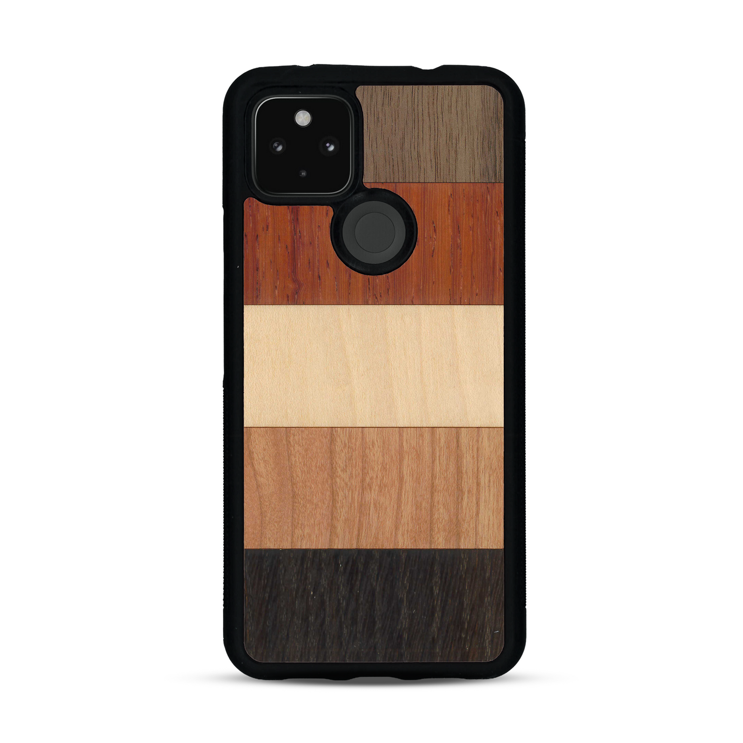 Coque de protection en bois véritable fabriquée en France pour  alliant des bandes horizontales de bambou, merisier, padouk, noyer et chêne fumé