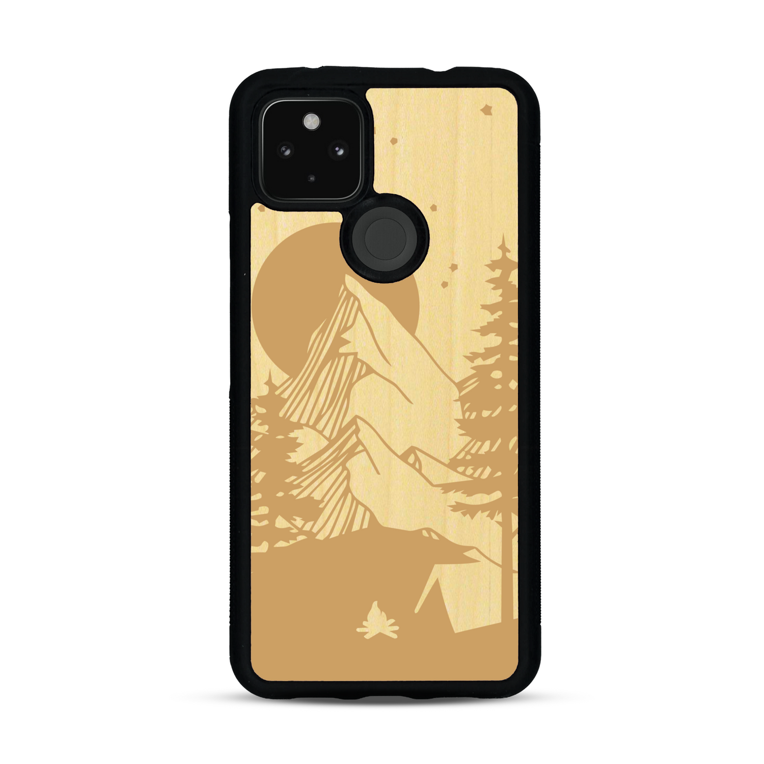 Coque de protection en bois véritable fabriquée en France pour  sur le thème du camping en pleine nature représentant une tente avec un feu de camp entouré de montagnes