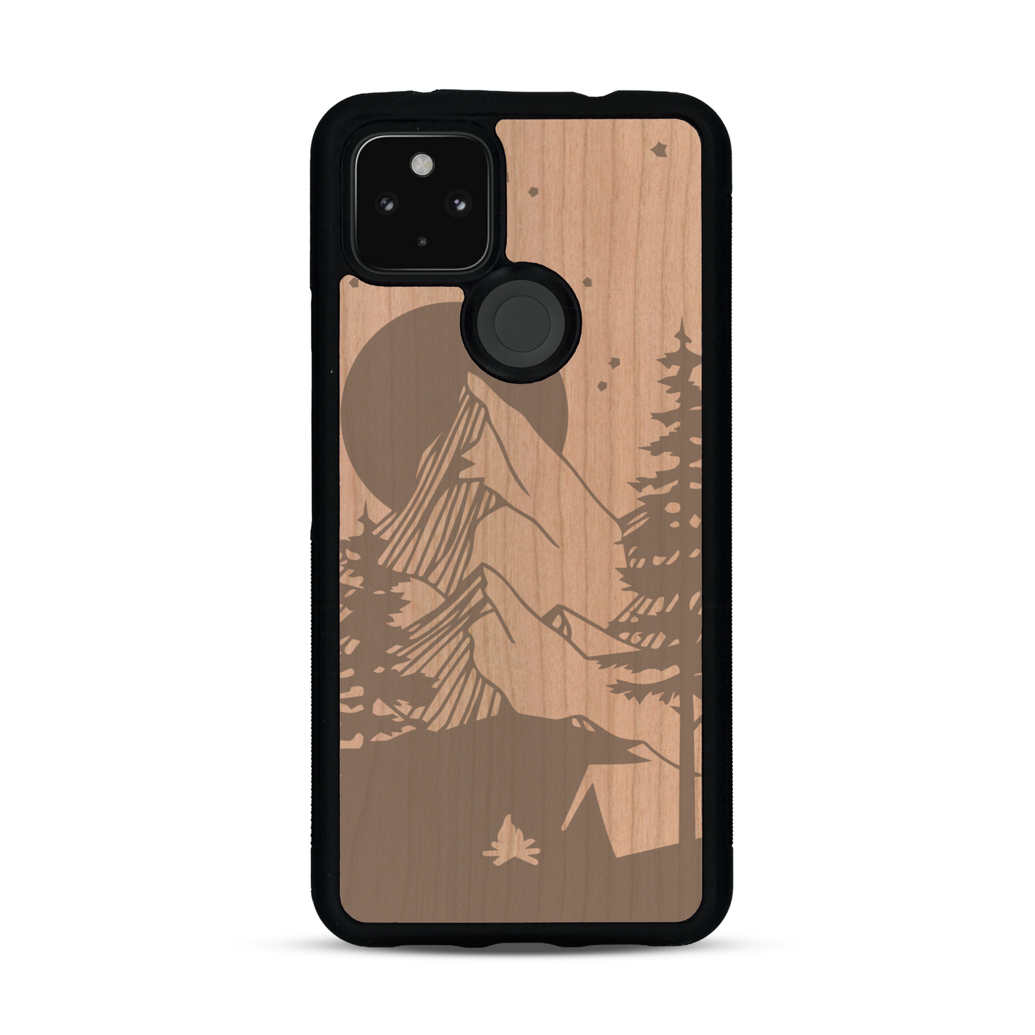 Coque de protection en bois véritable fabriquée en France pour  sur le thème du camping en pleine nature représentant une tente avec un feu de camp entouré de montagnes
