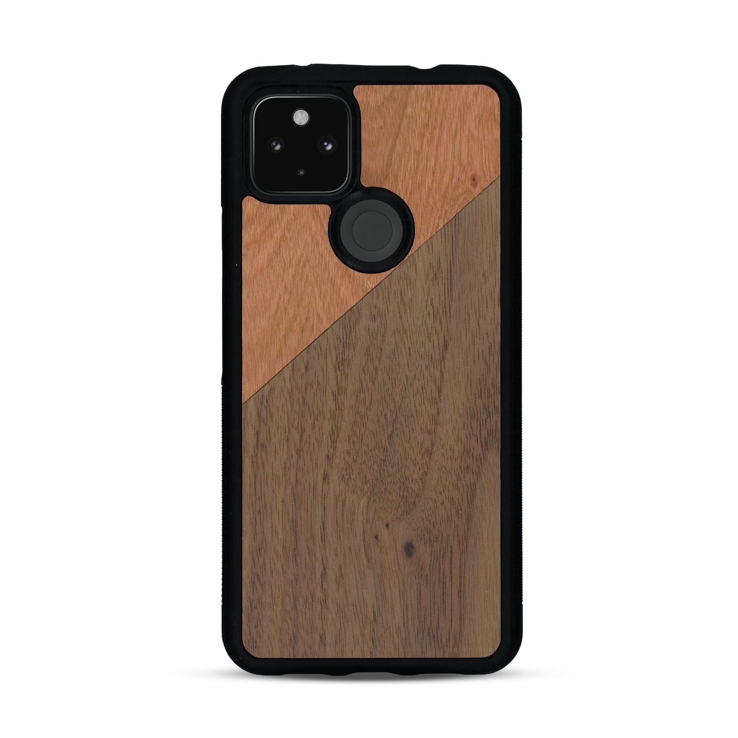 Coque de protection en bois véritable fabriquée en France pour  alliant du merisier et du noyer formant chacun un triangle avec une jointure en diagonale sur le thème de l'art abstrait