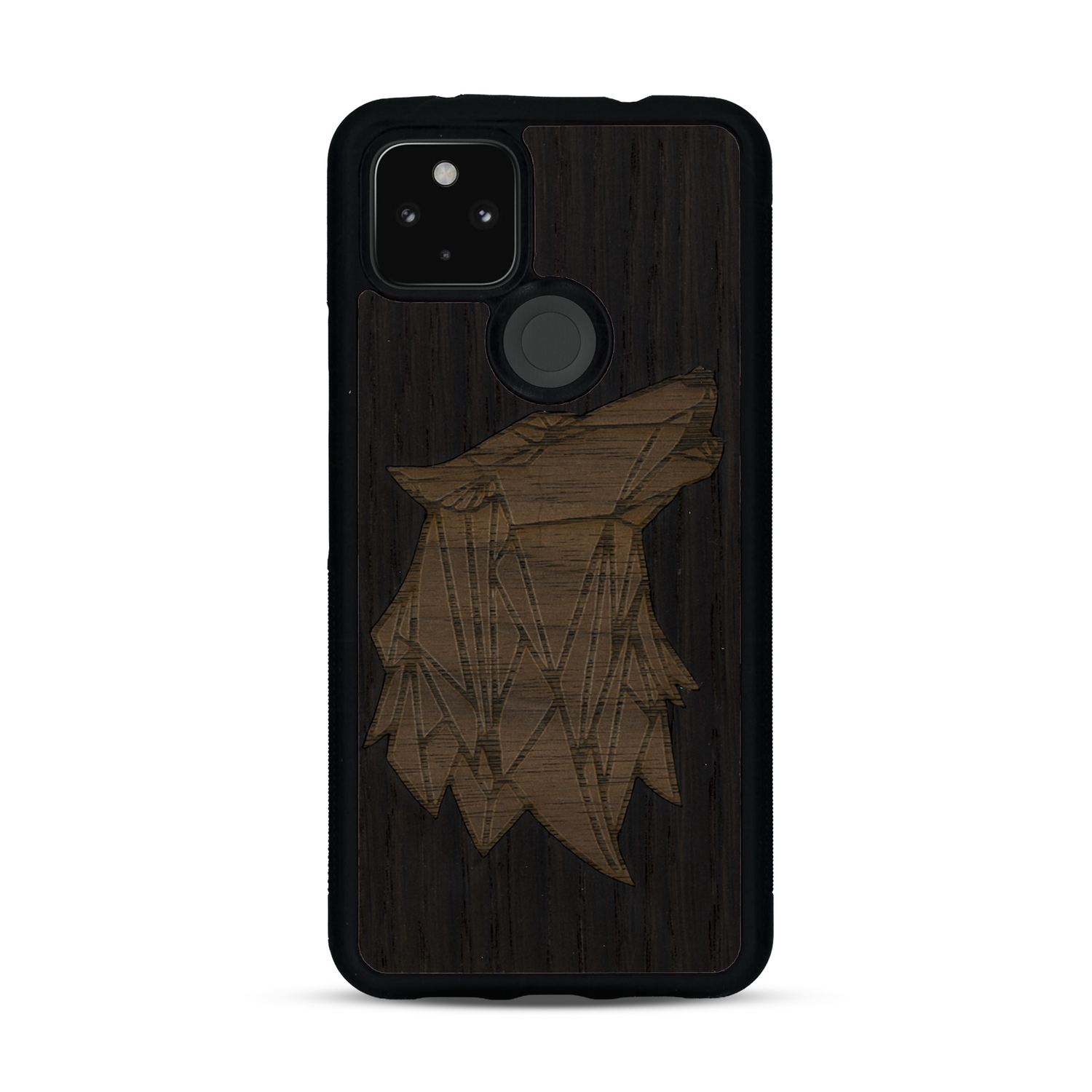 Coque de protection en bois véritable fabriquée en France pour  alliant du chêne fumé et du noyer représentant une tête de loup géométrique de profil sur le thème des animaux et de la nature
