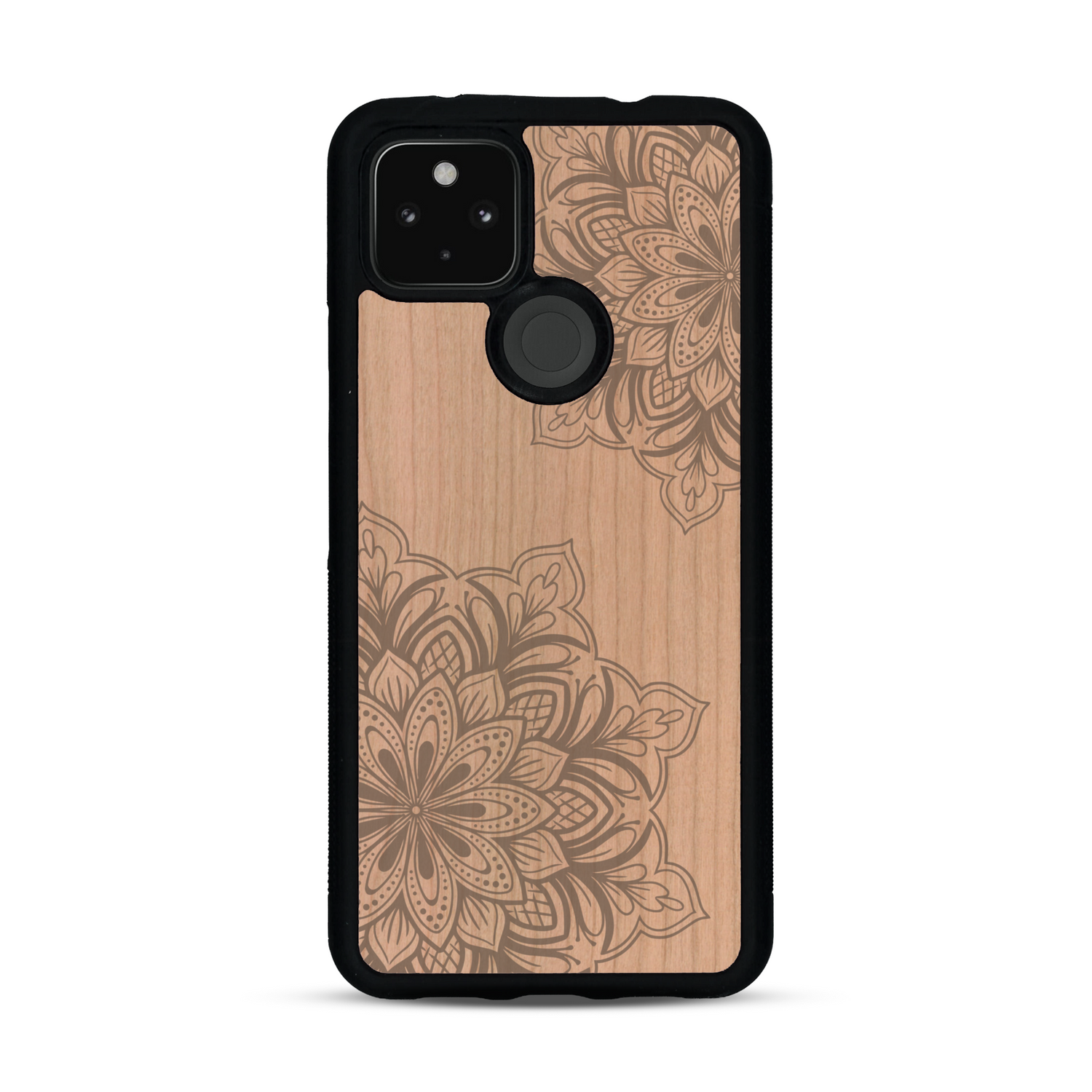 Coque de protection en bois véritable fabriquée en France pour  sur le thème de la bohème et du tatouage au henné avec une gravure représentant un mandala