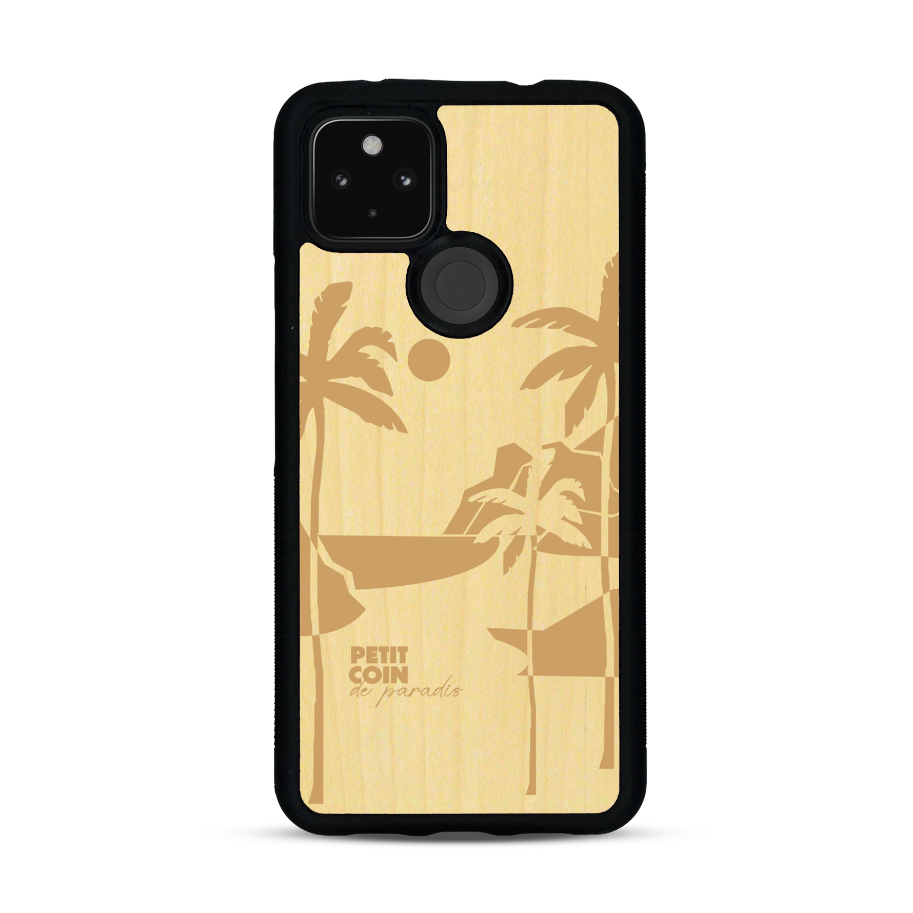 Coque de protection en bois véritable fabriquée en France pour  sur le thème des voyages en vans, vanlife et chill avec une gravure représentant un van vw combi devant le soleil couchant sur une plage avec des vagues