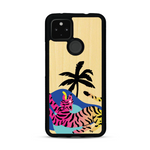 Coque de protection en bois véritable fabriquée en France pour Google Pixel 4a 5g représentant un tigre coloré avec un design moderne et minimaliste sur le thème de la jungle et de la nature