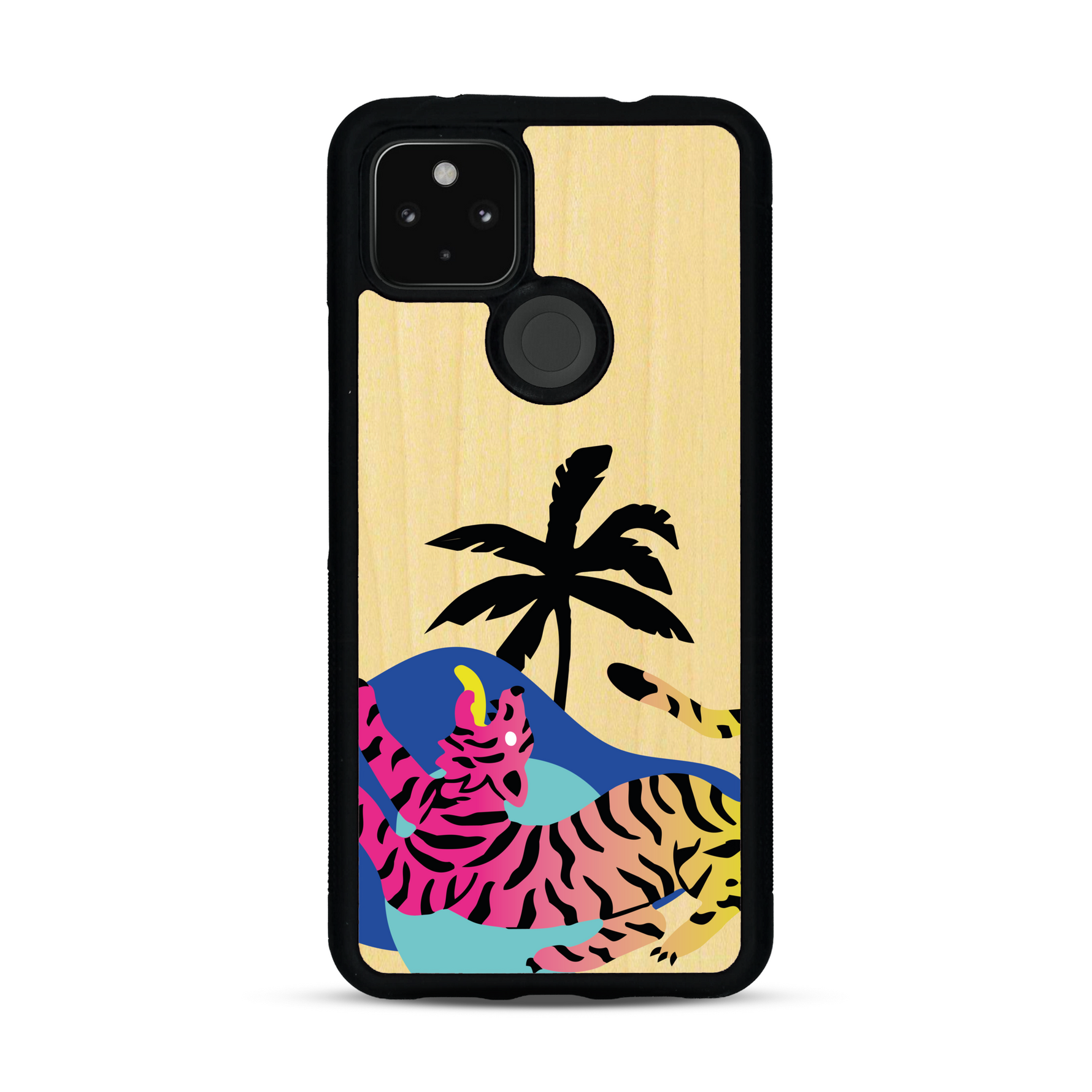 Coque de protection en bois véritable fabriquée en France pour Google Pixel 4a 5g représentant un tigre coloré avec un design moderne et minimaliste sur le thème de la jungle et de la nature