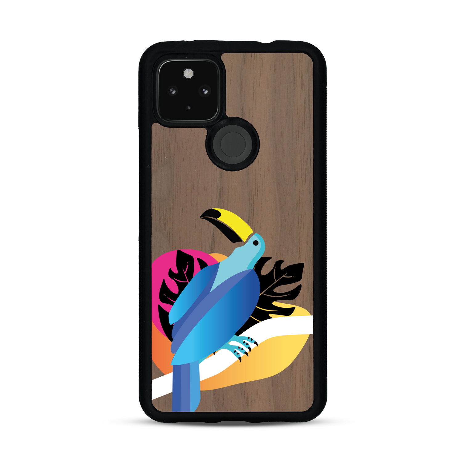 Coque de protection en bois véritable fabriquée en France pour Google Pixel 4a 5g représentant un toucan coloré avec un design moderne et minimaliste sur le thème de la jungle et de la nature