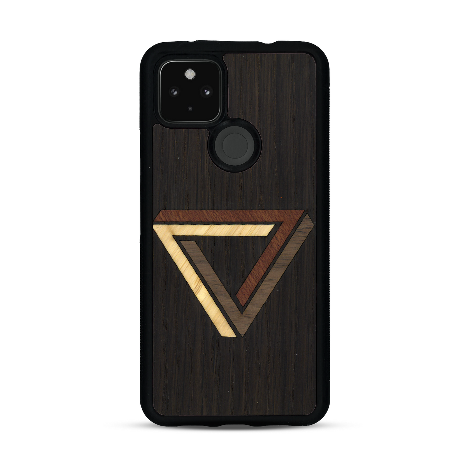 Coque de protection en bois véritable fabriquée en France pour  sur le thème de l'art géométrique qui allie du chêne fumé, du noyer, du bambou et du padouk représentant le triangle de penrose