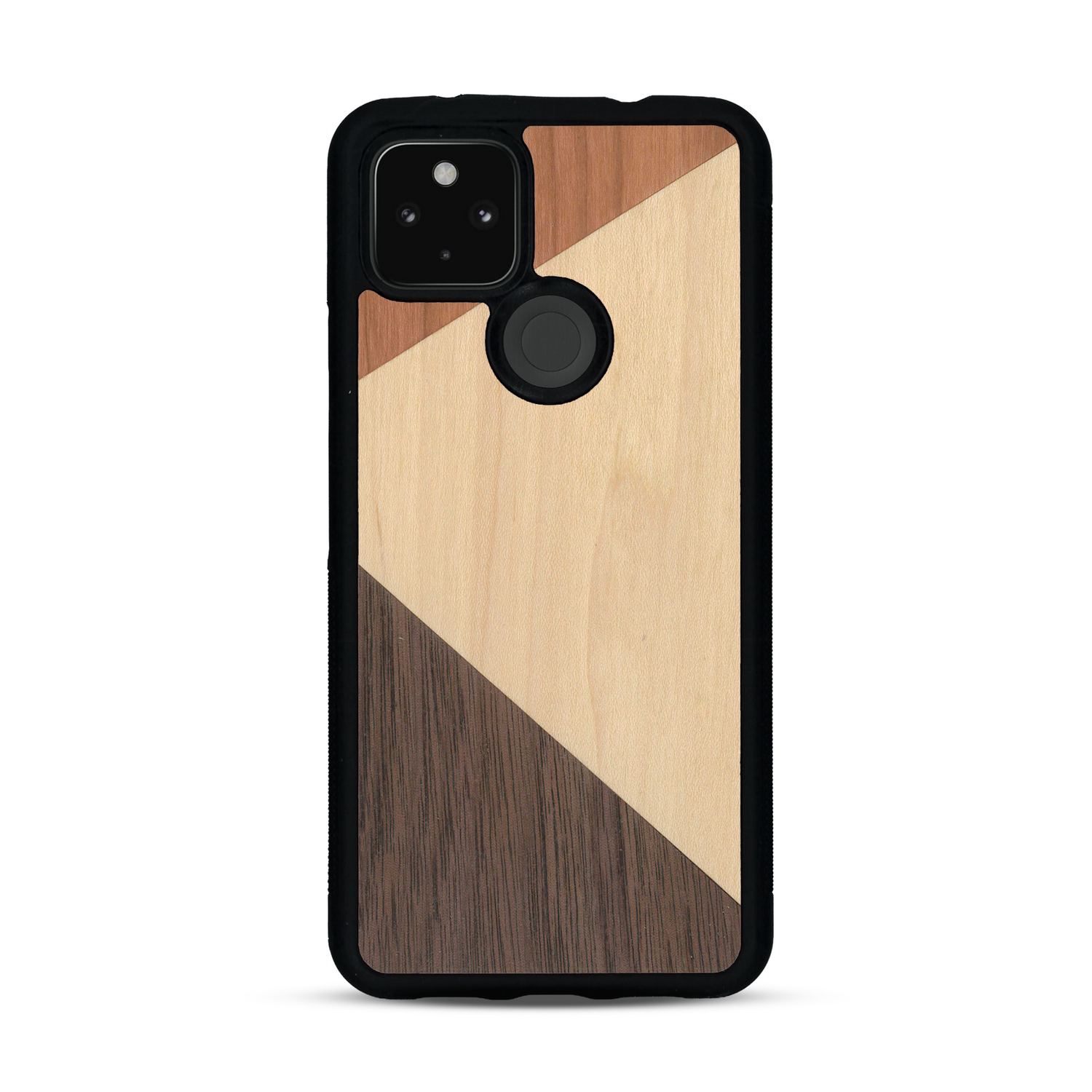 Coque de protection en bois véritable fabriquée en France pour  alliant du merisier, du noyer et du bambou formant chacun deux triangles et un trapèze avec deux jointures en diagonale sur le thème de l'art abstrait