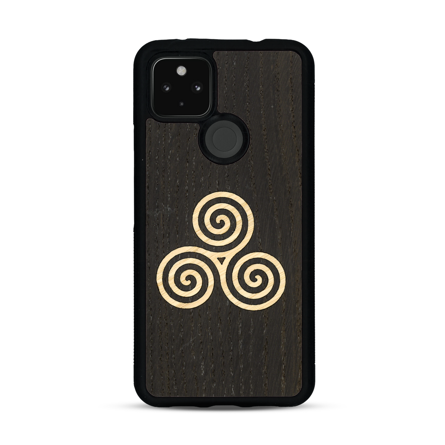 Coque de protection en bois véritable fabriquée en France pour  alliant du chêne fumé et du bambou et doré représentant un triskell