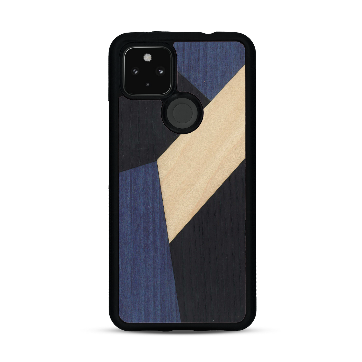 Coque de protection en bois véritable fabriquée en France pour  alliant du bambou, du tulipier bleu et noir en forme de mosaïque minimaliste sur le thème de l'art abstrait