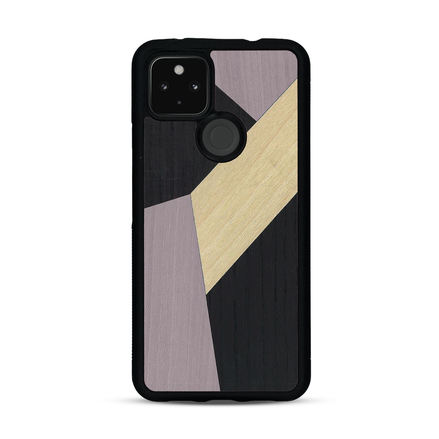 Coque de protection en bois véritable fabriquée en France pour  alliant du bambou, du tulipier mauve et noir en forme de mosaïque minimaliste sur le thème de l'art abstrait