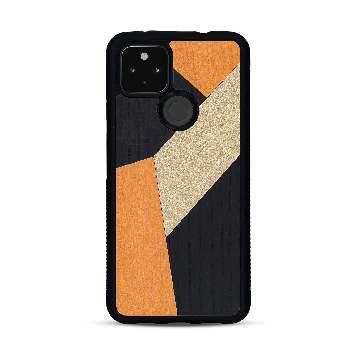 Coque de protection en bois véritable fabriquée en France pour  alliant du bambou, du tulipier orange et noir en forme de mosaïque minimaliste sur le thème de l'art abstrait