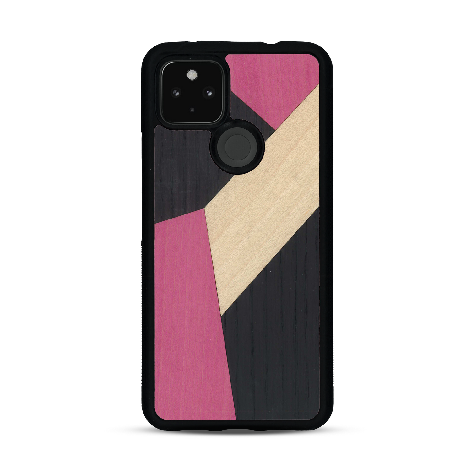 Coque de protection en bois véritable fabriquée en France pour  alliant du bambou, du tulipier rose et noir en forme de mosaïque minimaliste sur le thème de l'art abstrait