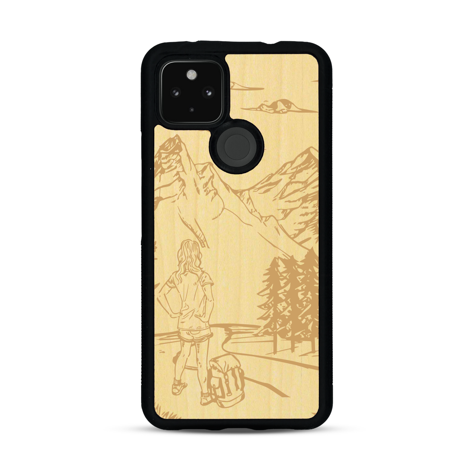Coque de protection en bois véritable fabriquée en France pour  sur le thème de la randonnée en montagne et de l'aventure avec une gravure représentant une femme de dos face à un paysage de nature