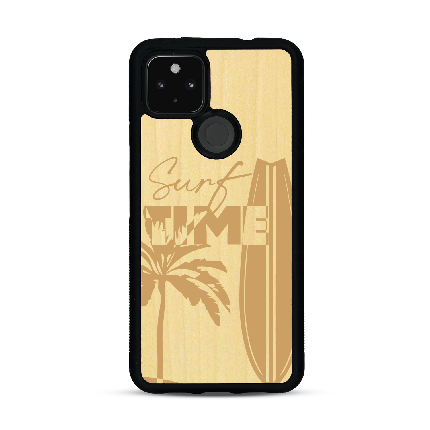 Coque de protection en bois véritable fabriquée en France pour  sur le thème chill avec un motif représentant une silouhette tenant une planche de surf sur une plage entouré de palmiers et les mots "Surf Time Long Beach Miami"