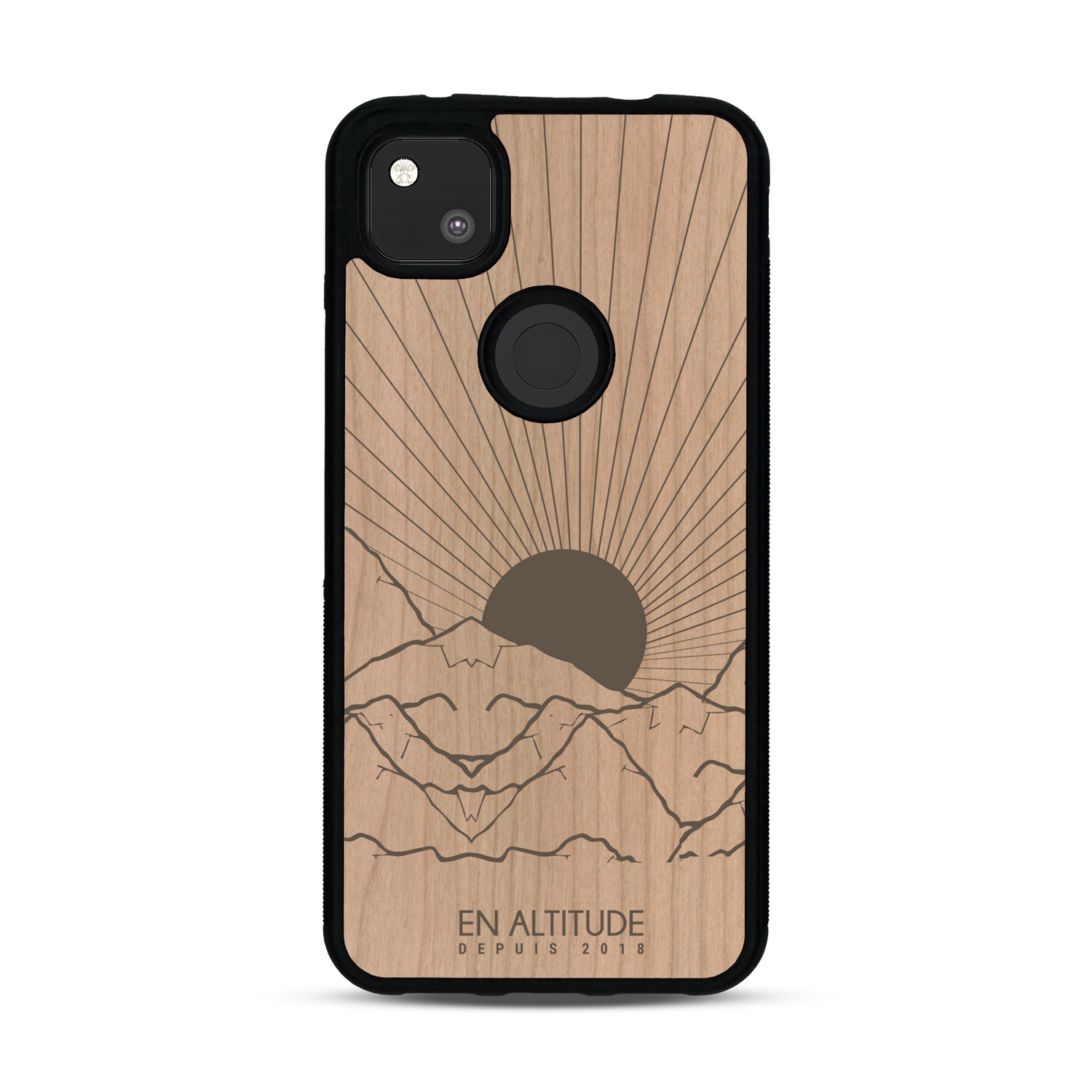 Coque de protection en bois véritable fabriquée en France pour  représentant des montagnes, sur le thème de la randonnée en pleine nature et du trail