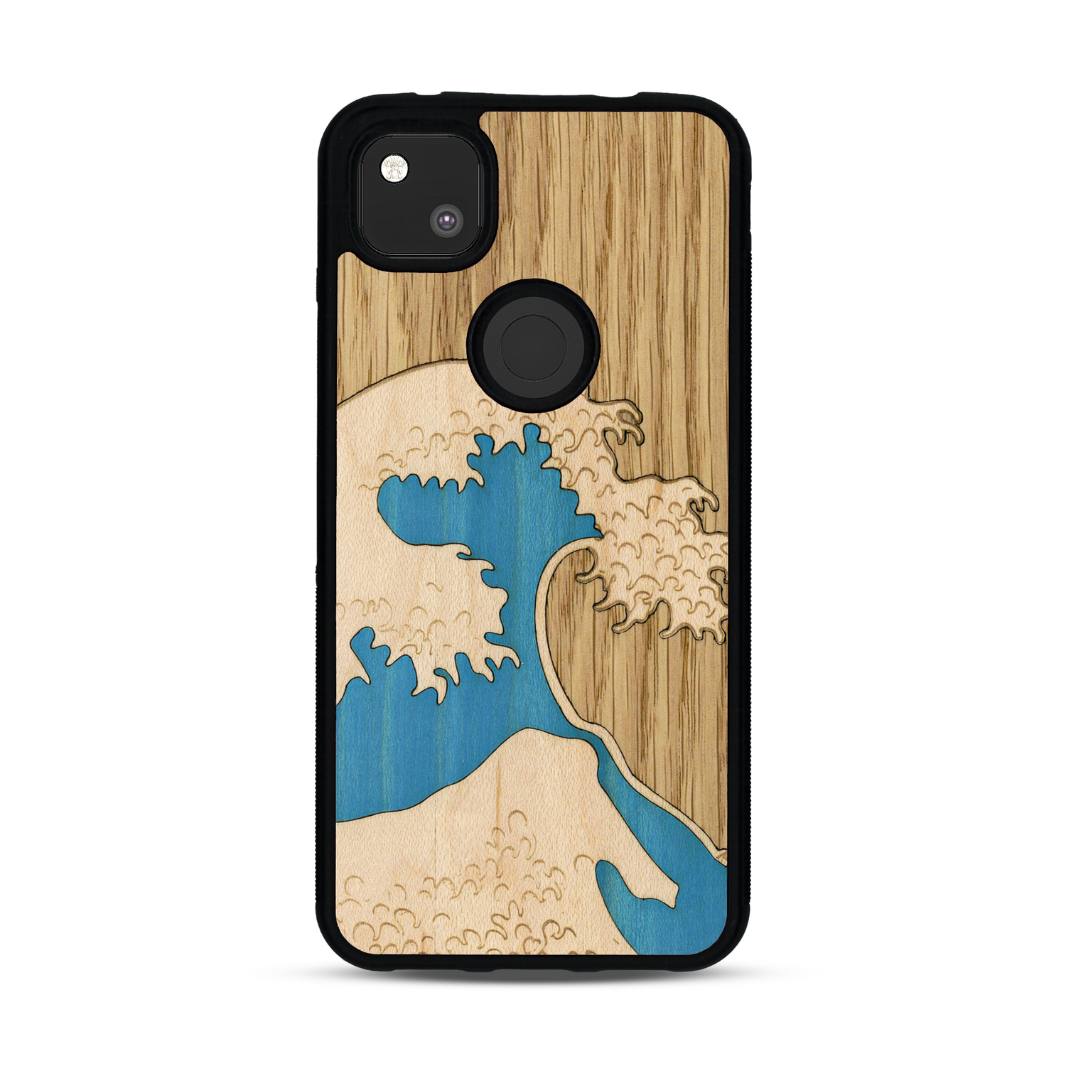 Coque de protection en bois véritable fabriquée en France pour  alliant plusieurs essences de bois pour représenter la célèbre grande vague de Kanagawa