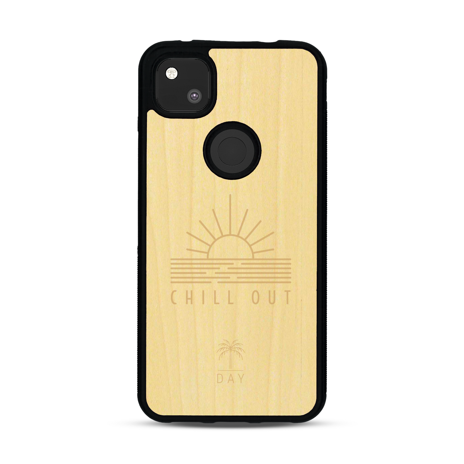 Coque de protection en bois véritable fabriquée en France pour  sur le thème chill avec un motif représentant un couché de soleil sur l'océan et la phrase "Chill out"