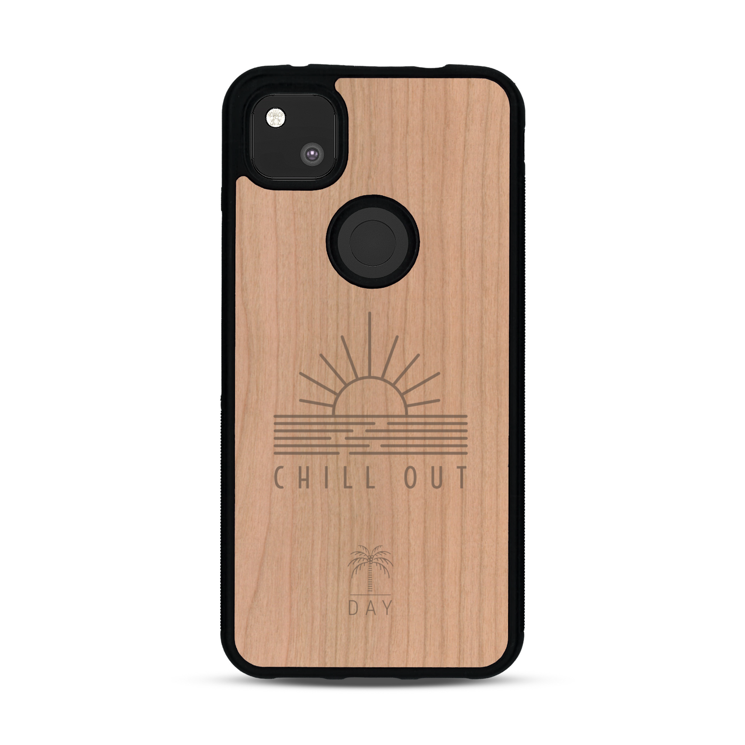 Coque de protection en bois véritable fabriquée en France pour  sur le thème chill avec un motif représentant un couché de soleil sur l'océan et la phrase "Chill out"