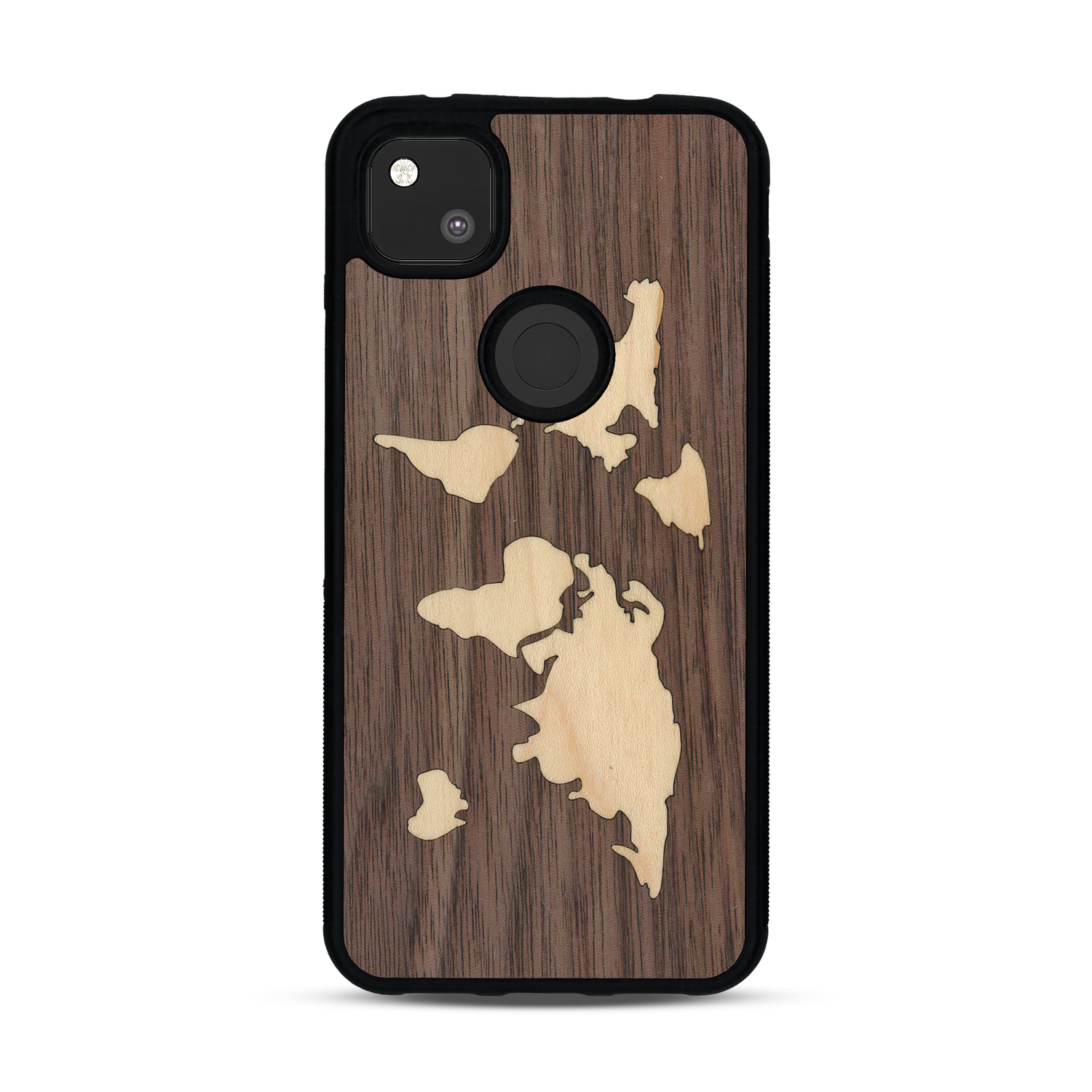 Coque de protection en bois véritable fabriquée en France pour  alliant du bambou et du noyer sur le thème du voyage et de l'aventure représentant une mappemonde