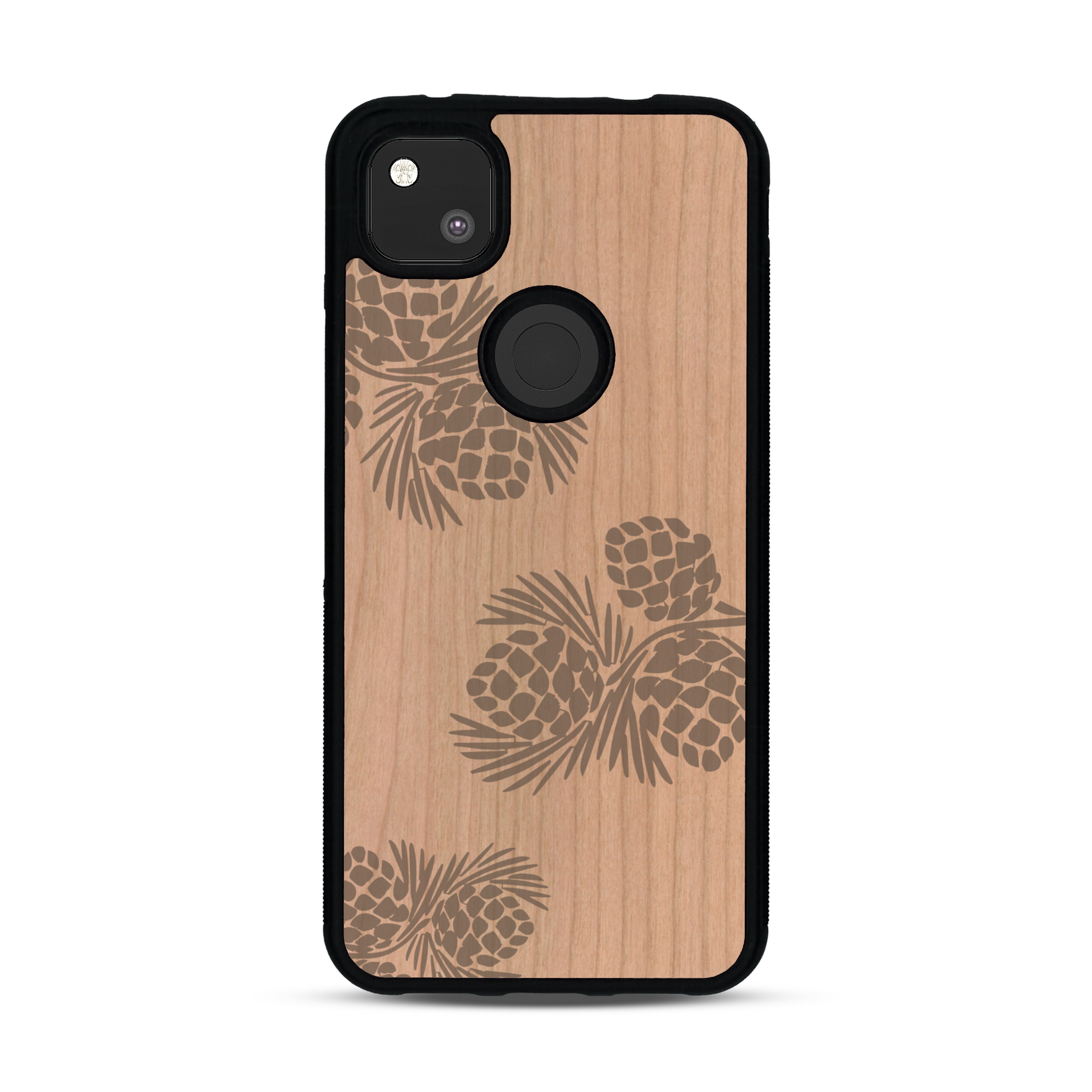 Coque de protection en bois véritable fabriquée en France pour  sur le thème de la nature des arbres avec un motif de gravure représentant des épines de sapin et des pommes de pin