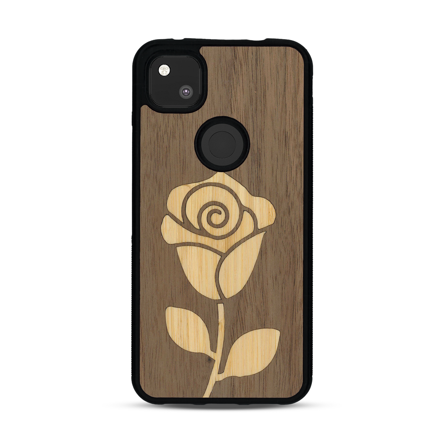 Coque de protection en bois véritable fabriquée en France pour  alliant plusieurs essences de bois pour représenter une rose