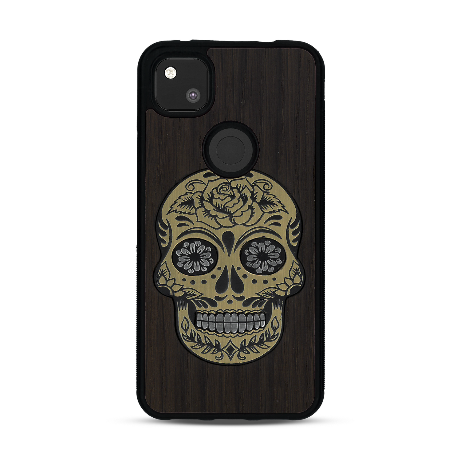 Coque de protection en bois véritable fabriquée en France pour  alliant du chêne fumé avec du métal argenté et doré représentant une tête de mort mexicaine sur le thème Dia de los Muertos