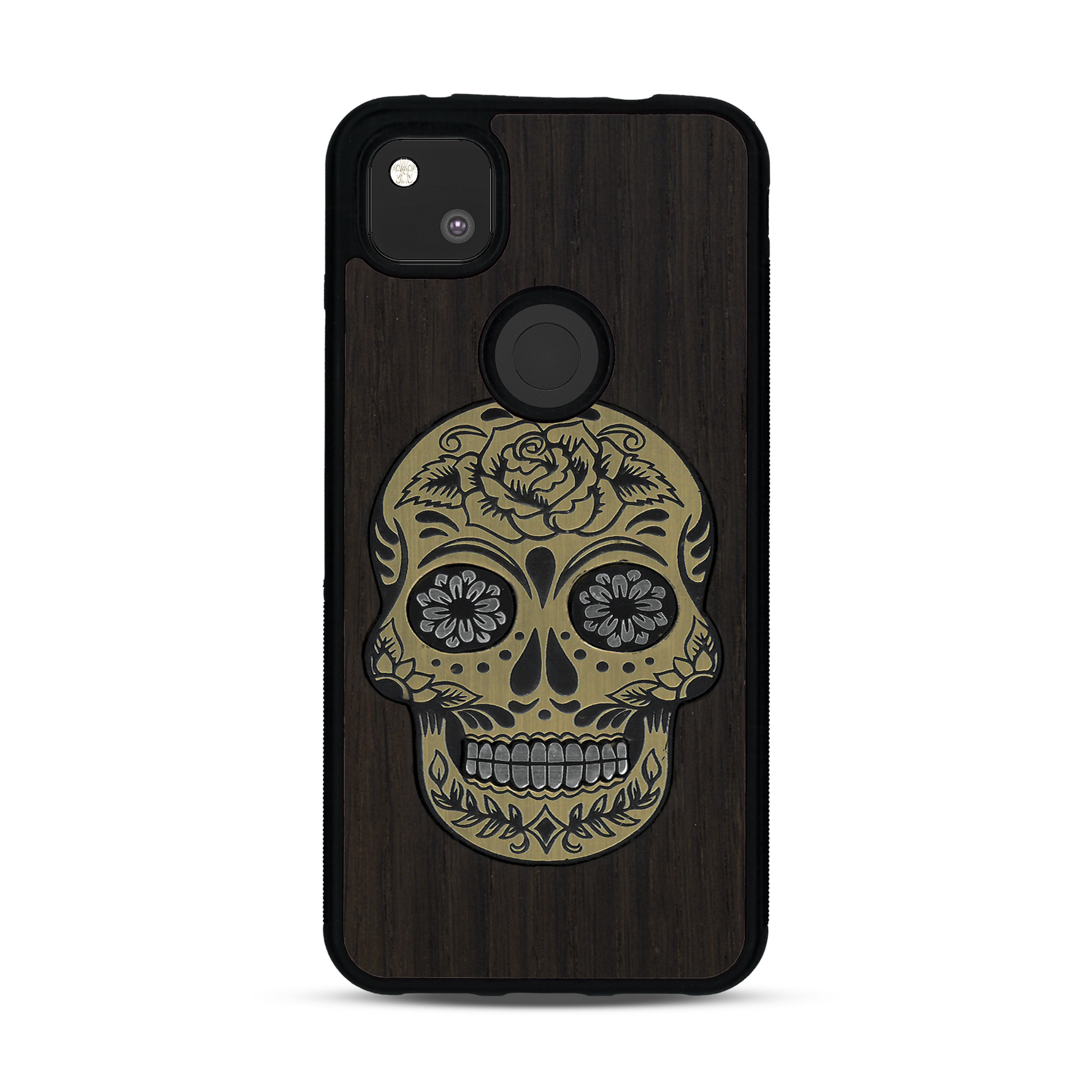 Coque de protection en bois véritable fabriquée en France pour  alliant du chêne fumé avec du métal argenté et doré représentant une tête de mort mexicaine sur le thème Dia de los Muertos