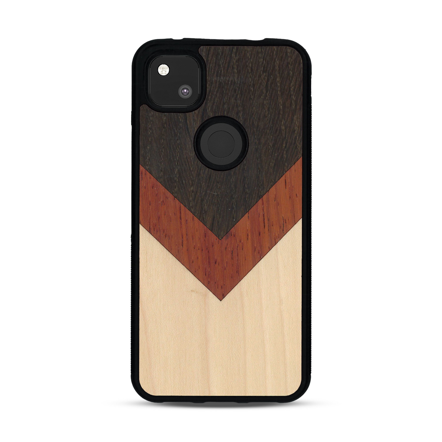 Coque de protection en bois véritable fabriquée en France pour  alliant du chêne fumé, du padouk et du bambou en forme de chevron sur le thème de l'art abstrait