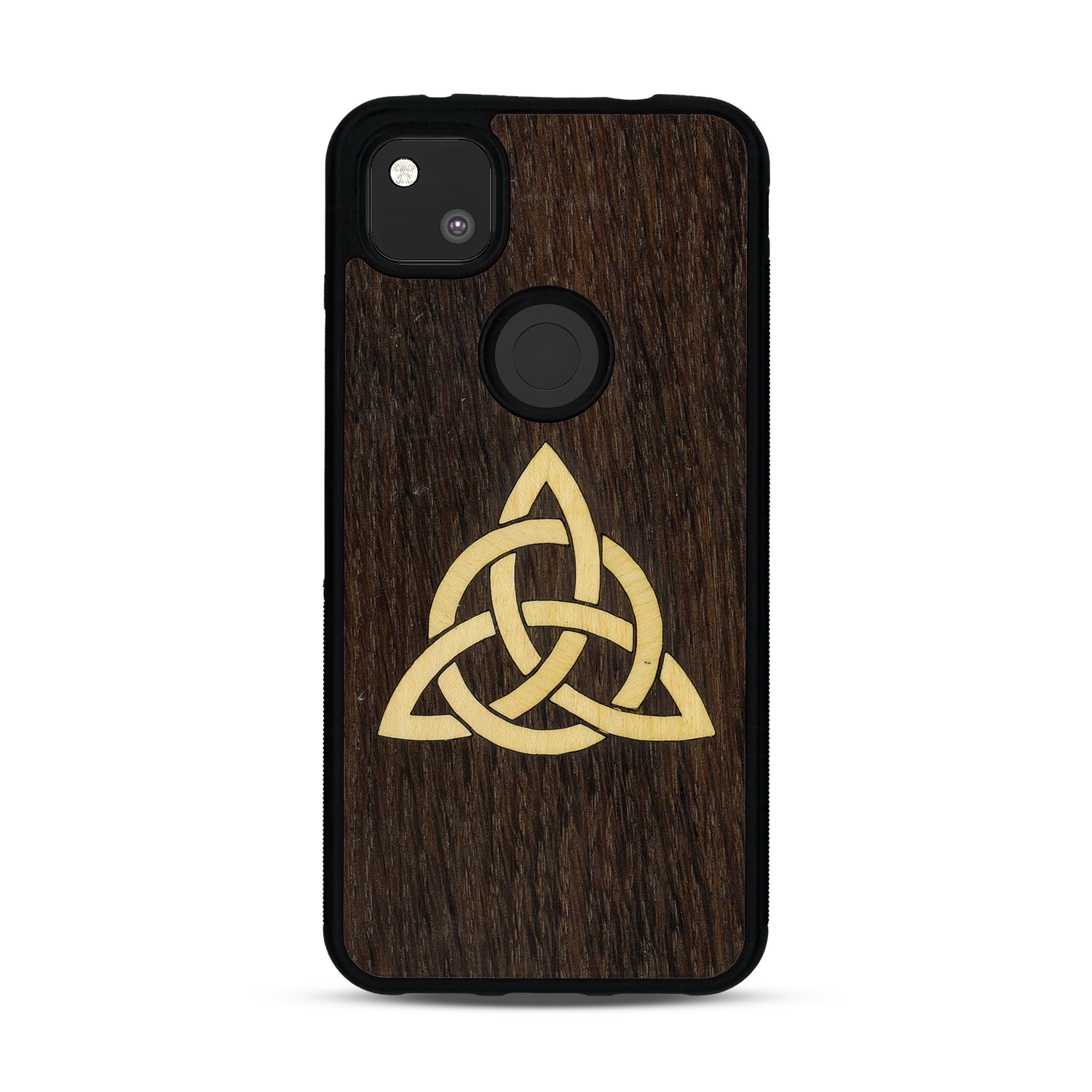 Coque de protection en bois véritable fabriquée en France pour  alliant du chêne fumé et du bambou représentant une triquetra