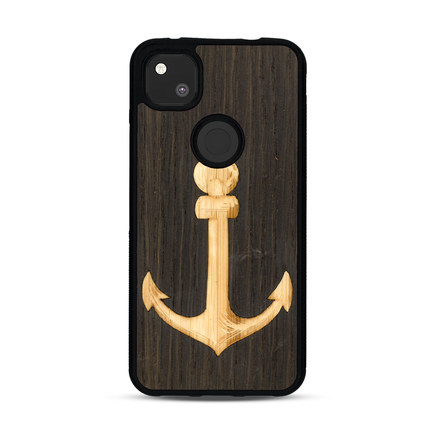 Coque de protection en bois véritable fabriquée en France pour  sur le thème nautique avec un bois clair et un bois foncé représentant une ancre de bateau