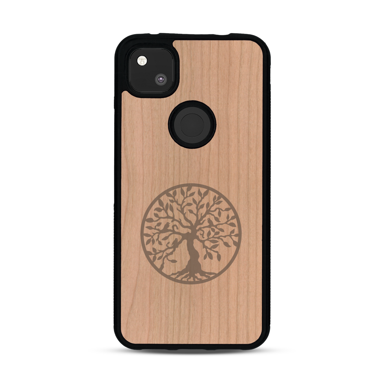 Coque de protection en bois véritable fabriquée en France pour  sur le thème de la spiritualité et du yoga avec une gravure zen représentant un arbre de vie