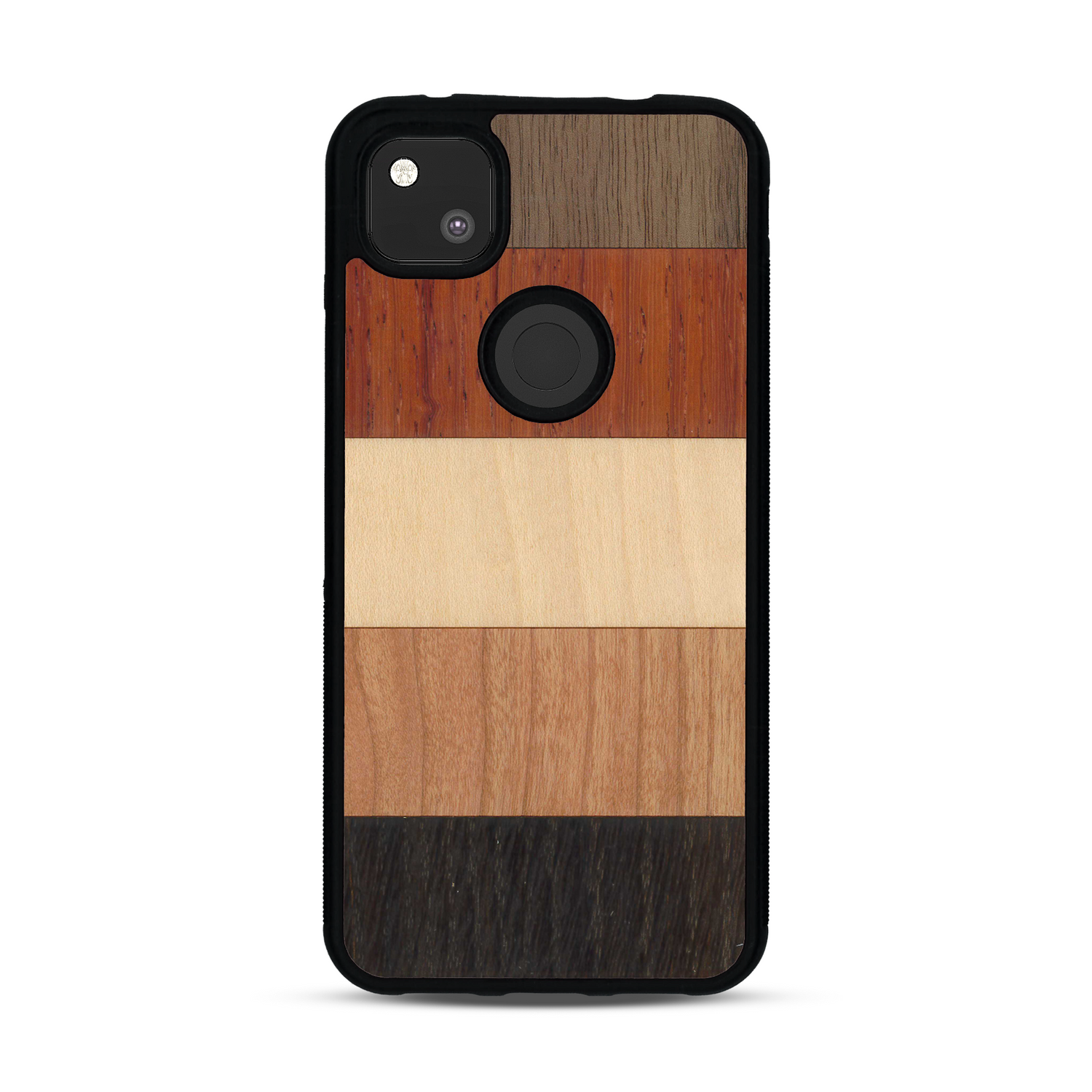 Coque de protection en bois véritable fabriquée en France pour  alliant des bandes horizontales de bambou, merisier, padouk, noyer et chêne fumé