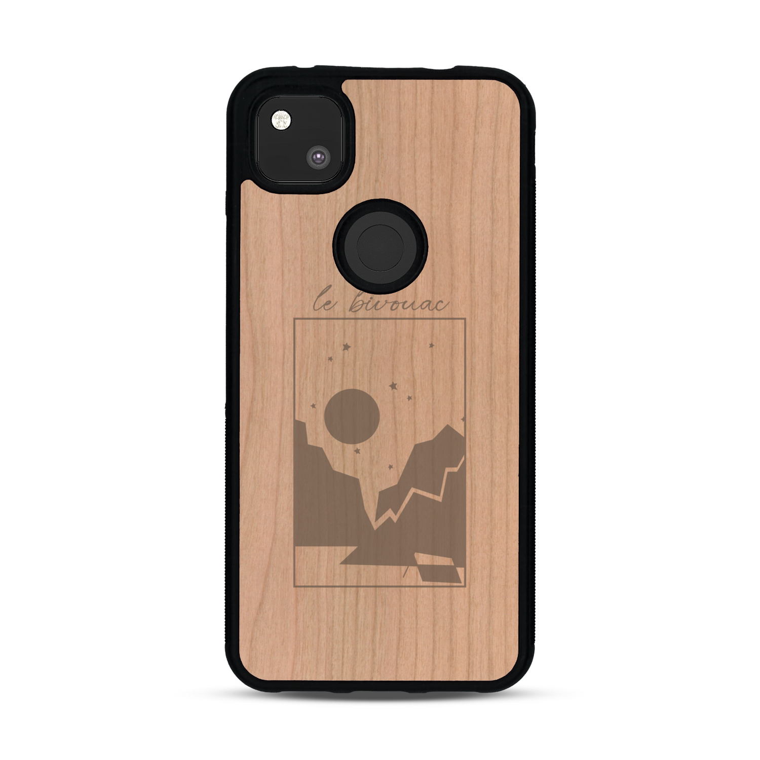 Coque de protection en bois véritable fabriquée en France pour  sur le thème du camping en pleine nature et du bivouac avec la phrase "Aventure is out there"