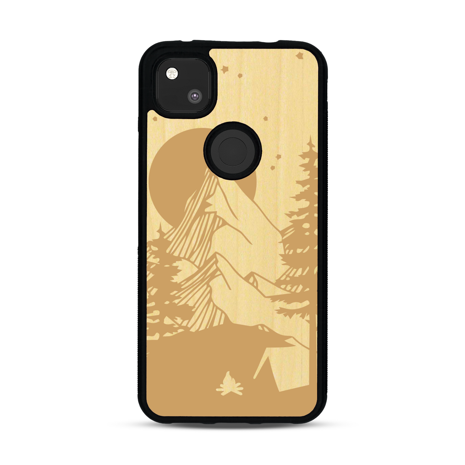 Coque de protection en bois véritable fabriquée en France pour  sur le thème du camping en pleine nature représentant une tente avec un feu de camp entouré de montagnes
