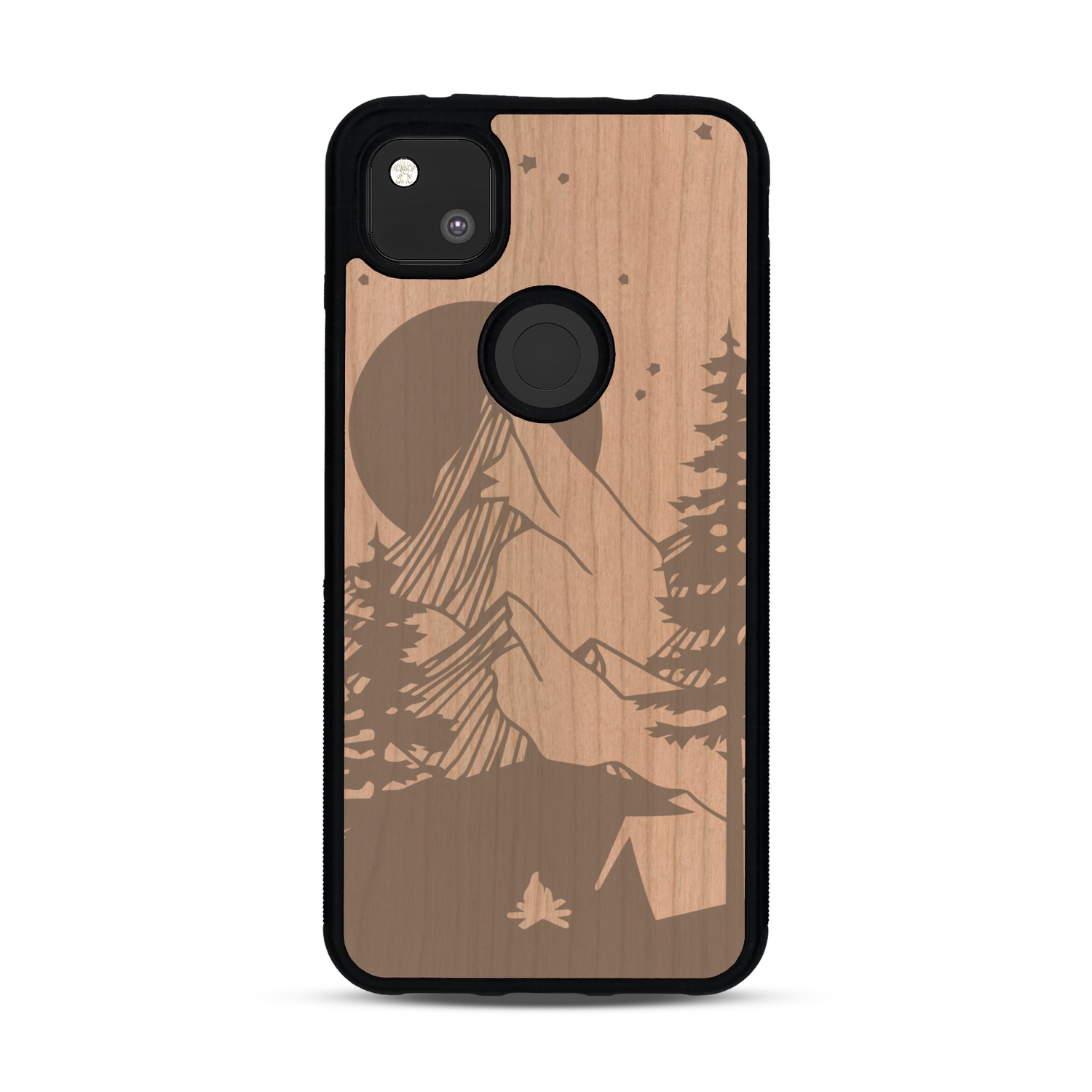 Coque de protection en bois véritable fabriquée en France pour  sur le thème du camping en pleine nature représentant une tente avec un feu de camp entouré de montagnes