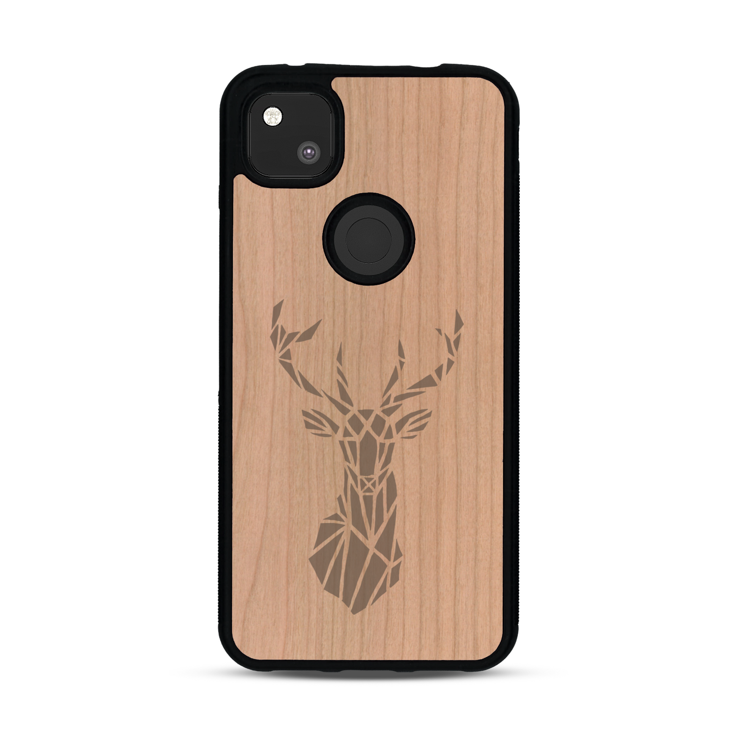 Coque de protection en bois véritable fabriquée en France pour  sur le thème de la nature et des animaux représentant une tête de cerf gométrique avec un design moderne et minimaliste